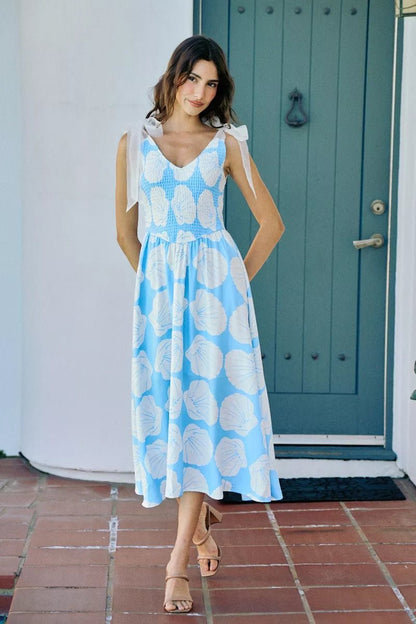 SO ME Shell Smocked Bodice Shoulder Tie Lined Midi Dress - Bitsy Gypsy Boutique