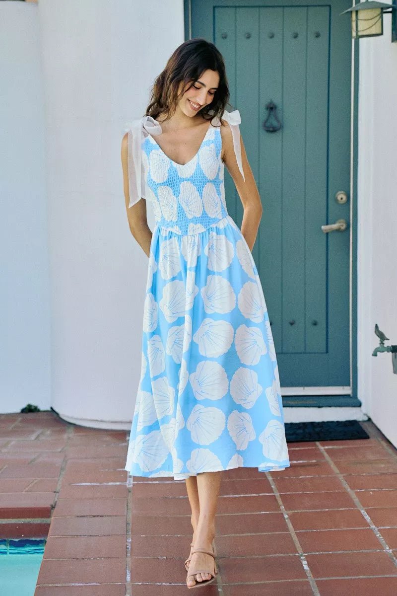 SO ME Shell Smocked Bodice Shoulder Tie Lined Midi Dress - Bitsy Gypsy Boutique