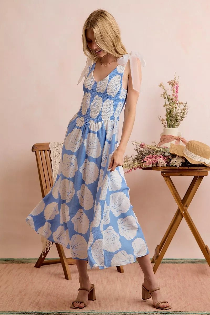 SO ME Shell Smocked Bodice Shoulder Tie Lined Midi Dress - Bitsy Gypsy Boutique