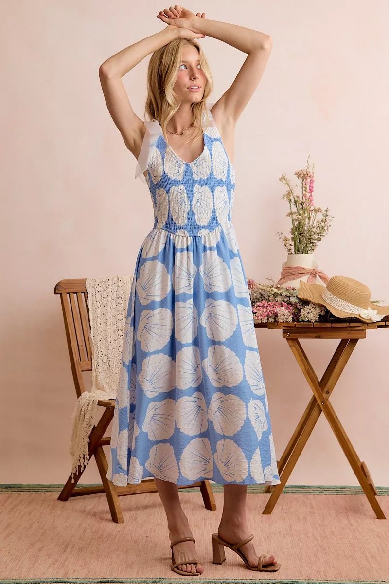 SO ME Shell Smocked Bodice Shoulder Tie Lined Midi Dress - Bitsy Gypsy Boutique