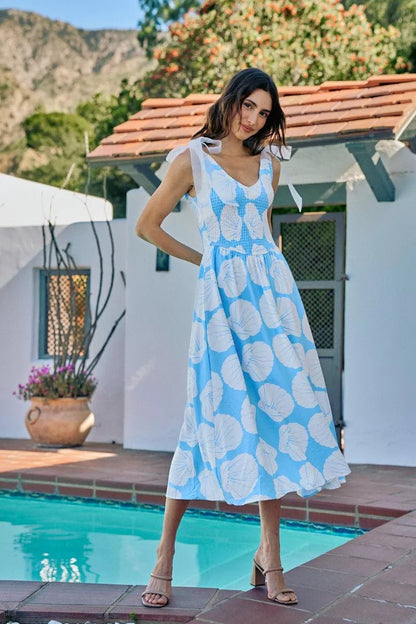 SO ME Shell Smocked Bodice Shoulder Tie Lined Midi Dress - Bitsy Gypsy Boutique