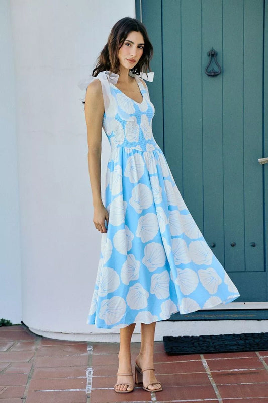 SO ME Shell Smocked Bodice Shoulder Tie Lined Midi Dress - Bitsy Gypsy Boutique