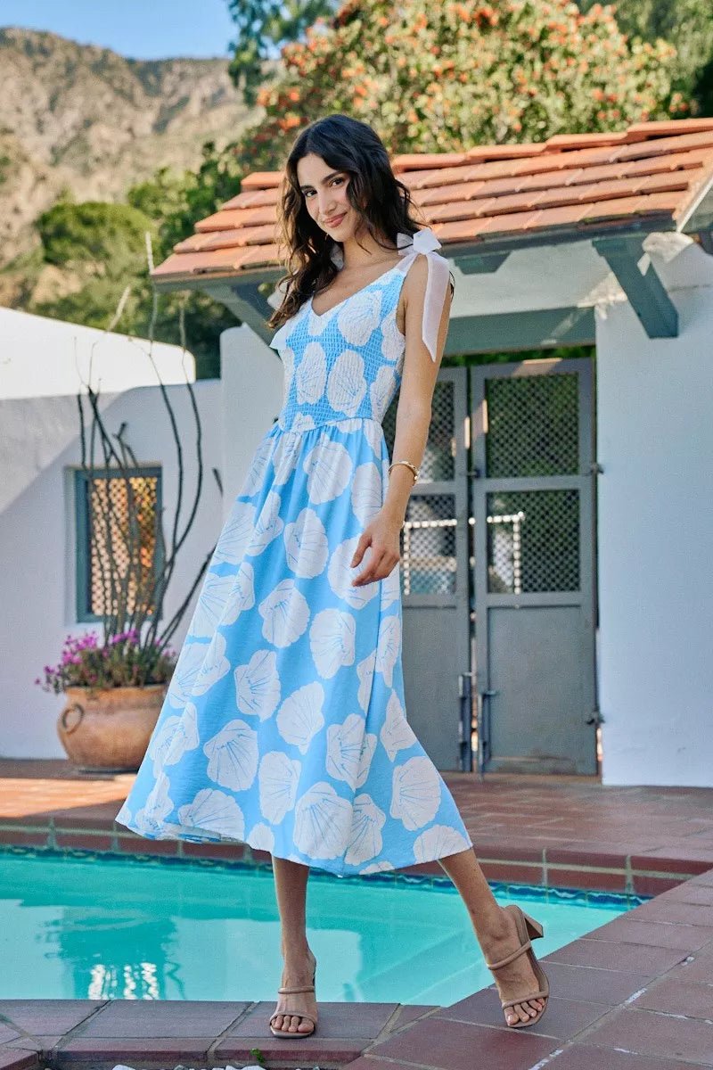 SO ME Shell Smocked Bodice Shoulder Tie Lined Midi Dress - Bitsy Gypsy Boutique