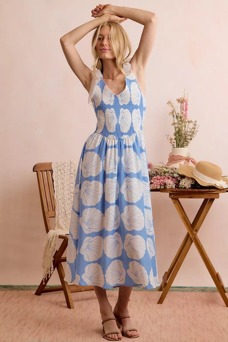 SO ME Shell Smocked Bodice Shoulder Tie Lined Midi Dress - Bitsy Gypsy Boutique
