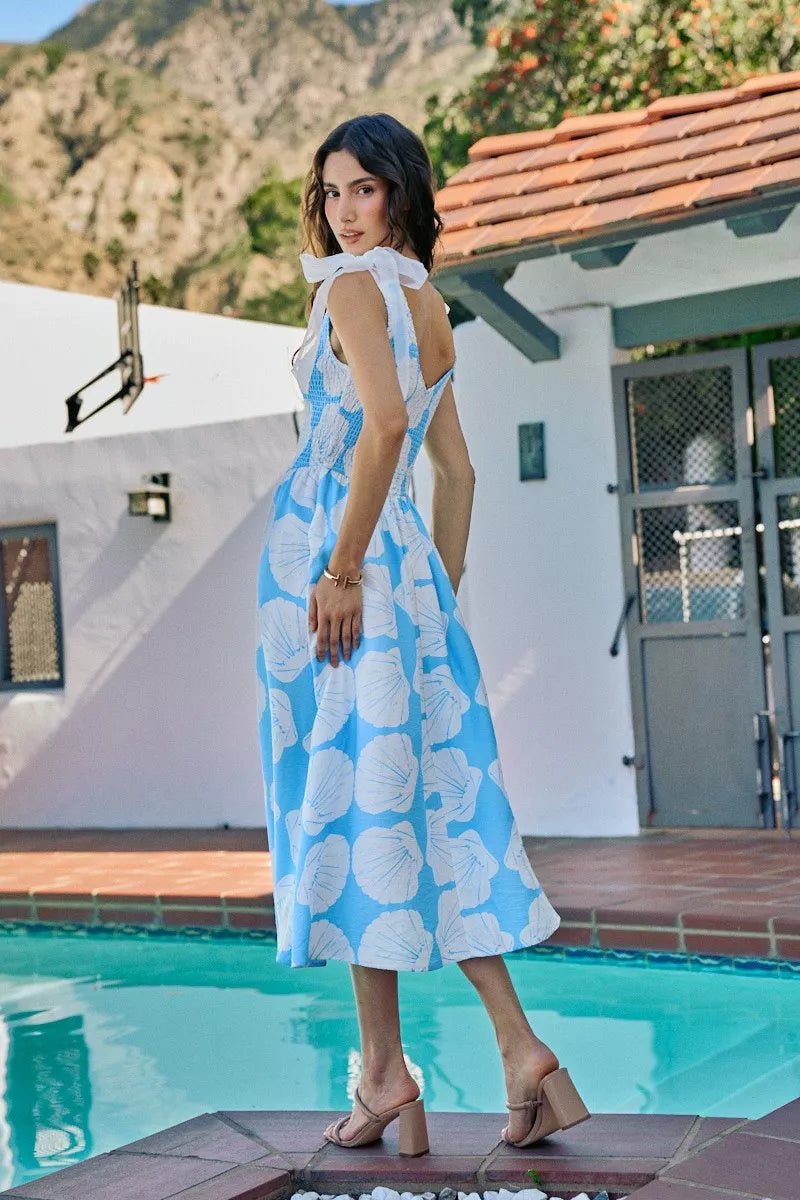 SO ME Shell Smocked Bodice Shoulder Tie Lined Midi Dress - Bitsy Gypsy Boutique