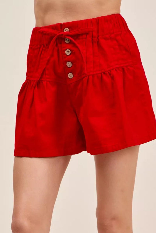 SO ME Solid Twill Denim Pintucked Buttoned Shorts With Waist Tie - Bitsy Gypsy Boutique