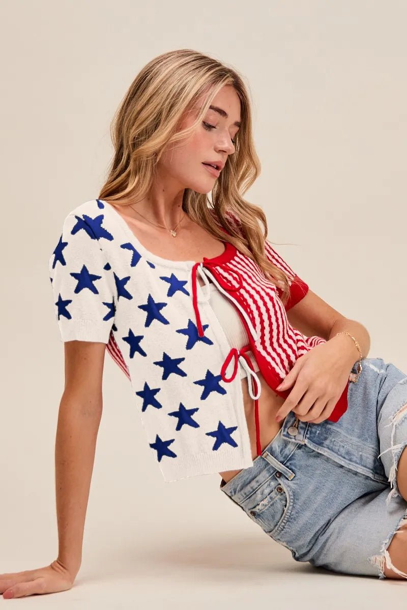 SO ME Stars and Stripe Front Bow Tie Sweater Cardigan - Bitsy Gypsy Boutique