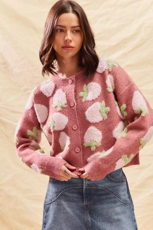 SO ME Strawberry Fruit All Over Button Sweater Cardigan - Bitsy Gypsy Boutique