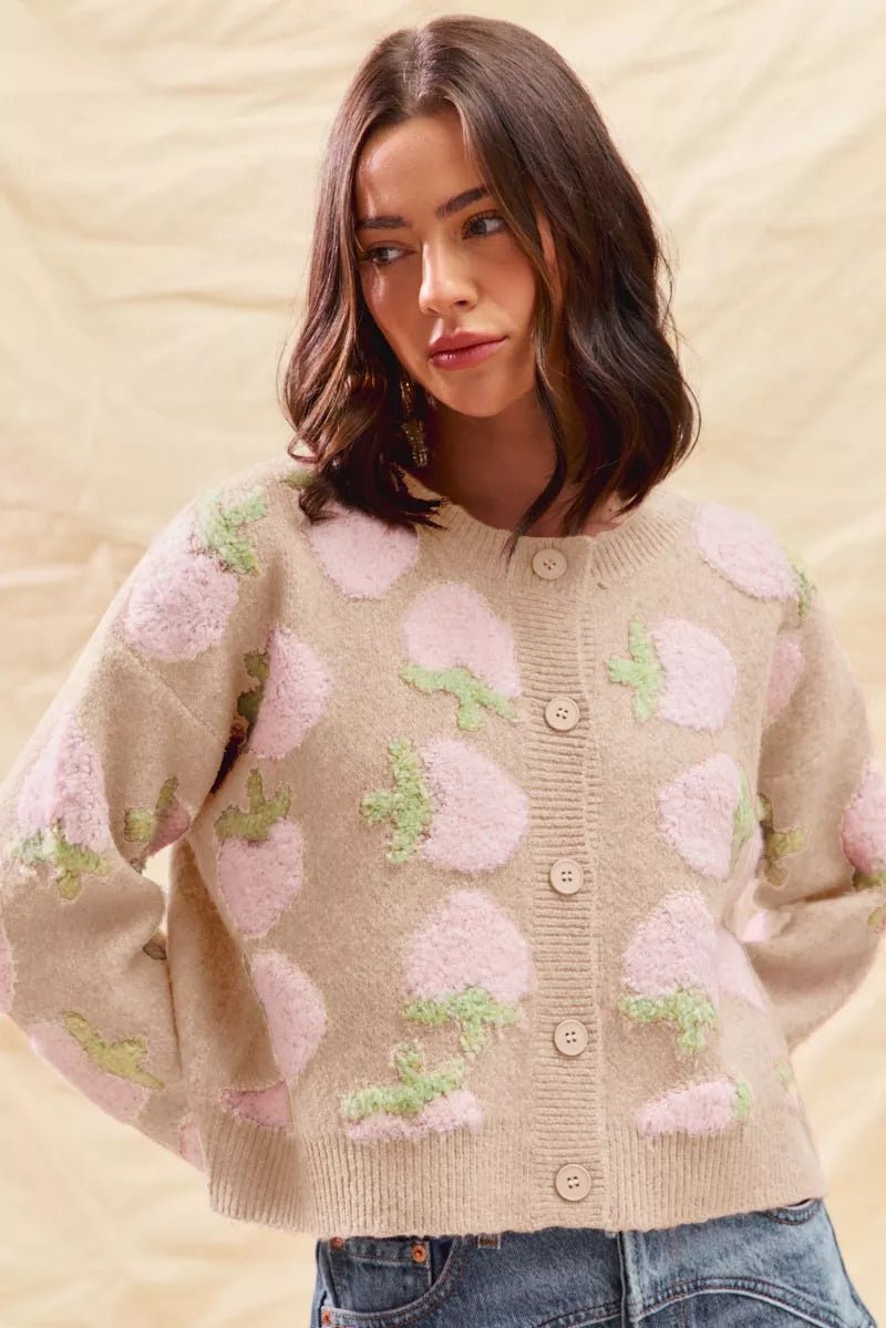 SO ME Strawberry Fruit All Over Button Sweater Cardigan - Bitsy Gypsy Boutique