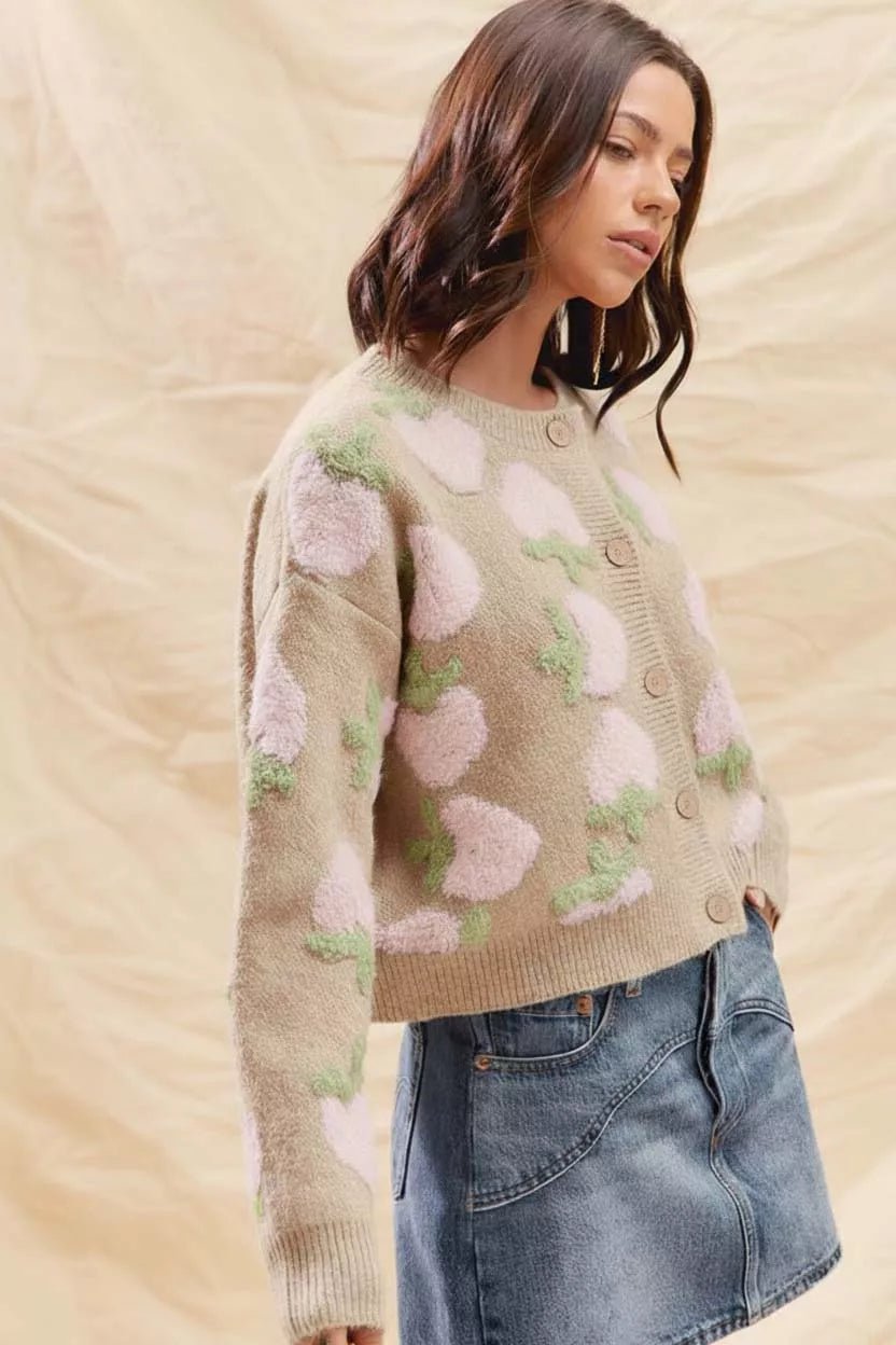 SO ME Strawberry Fruit All Over Button Sweater Cardigan - Bitsy Gypsy Boutique