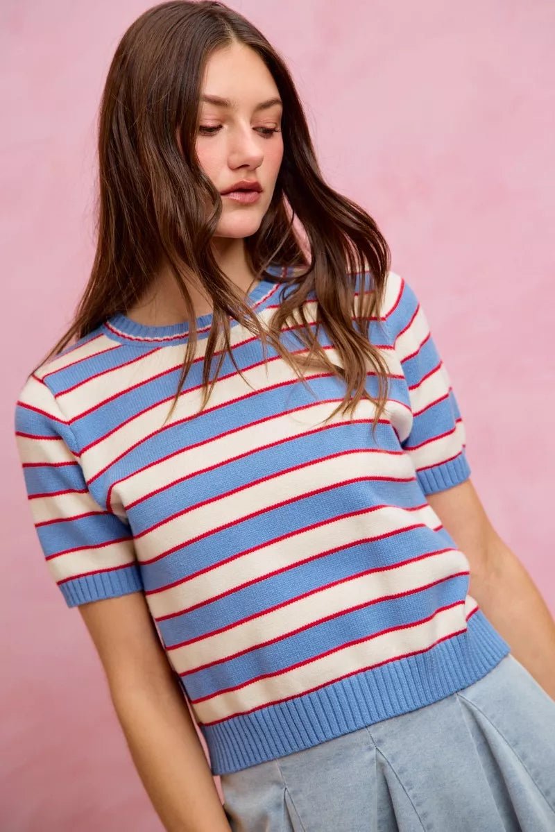SO ME Stripe Knit Crew Neck Short Sleeves Sweater Top - Bitsy Gypsy Boutique