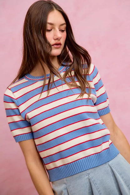 SO ME Stripe Knit Crew Neck Short Sleeves Sweater Top - Bitsy Gypsy Boutique