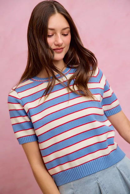 SO ME Stripe Knit Crew Neck Short Sleeves Sweater Top - Bitsy Gypsy Boutique