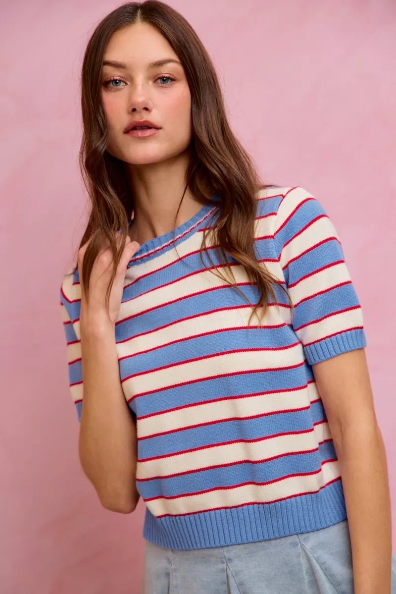 SO ME Stripe Knit Crew Neck Short Sleeves Sweater Top - Bitsy Gypsy Boutique