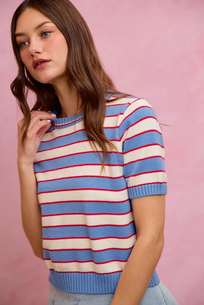SO ME Stripe Knit Crew Neck Short Sleeves Sweater Top - Bitsy Gypsy Boutique