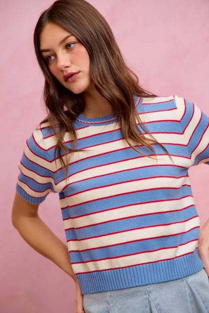 SO ME Stripe Knit Crew Neck Short Sleeves Sweater Top - Bitsy Gypsy Boutique