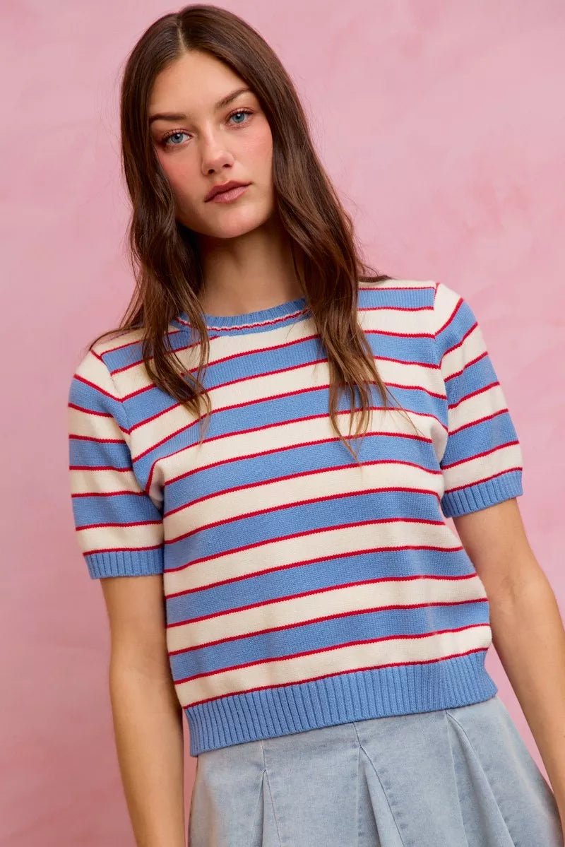 SO ME Stripe Knit Crew Neck Short Sleeves Sweater Top - Bitsy Gypsy Boutique