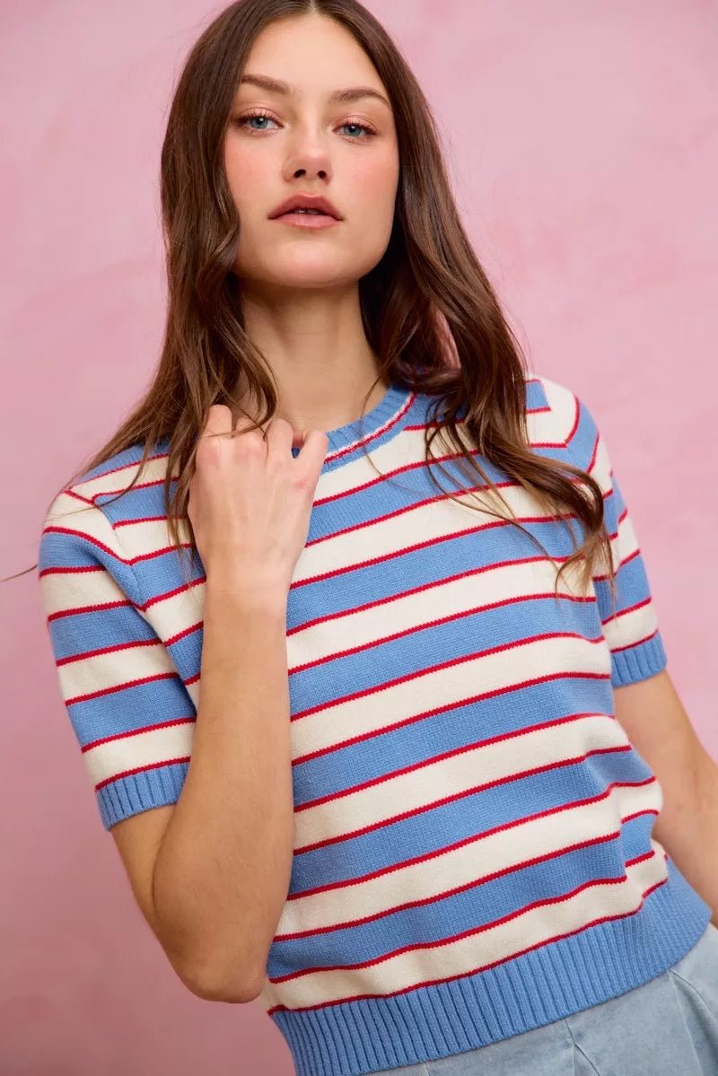 SO ME Stripe Knit Crew Neck Short Sleeves Sweater Top - Bitsy Gypsy Boutique