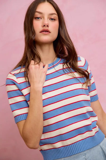 SO ME Stripe Knit Crew Neck Short Sleeves Sweater Top - Bitsy Gypsy Boutique