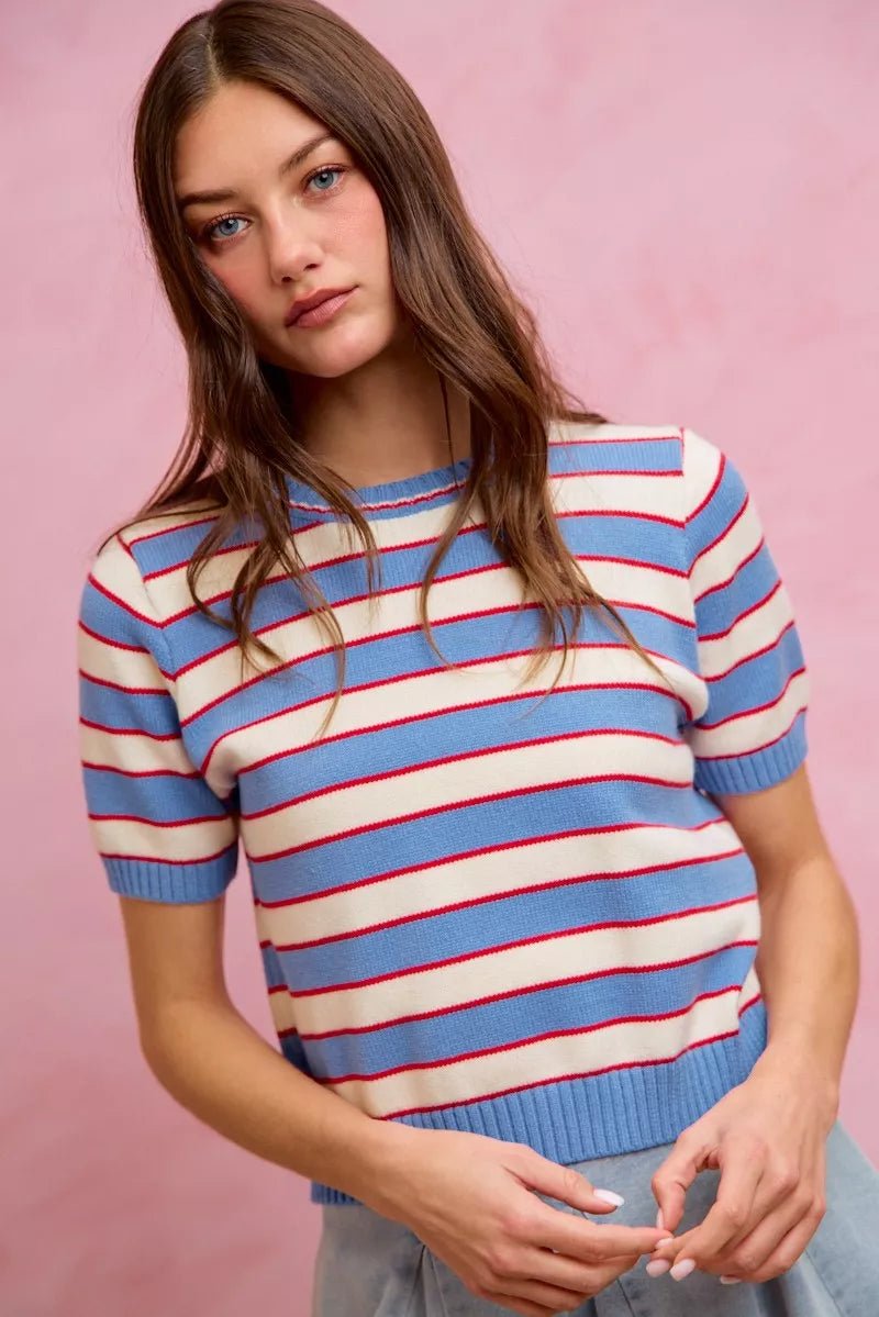 SO ME Stripe Knit Crew Neck Short Sleeves Sweater Top - Bitsy Gypsy Boutique