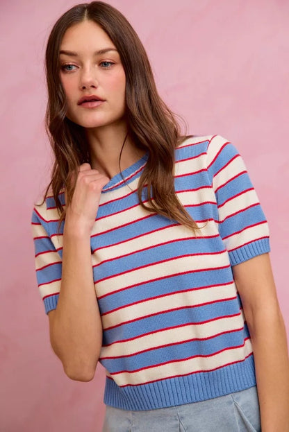 SO ME Stripe Knit Crew Neck Short Sleeves Sweater Top - Bitsy Gypsy Boutique