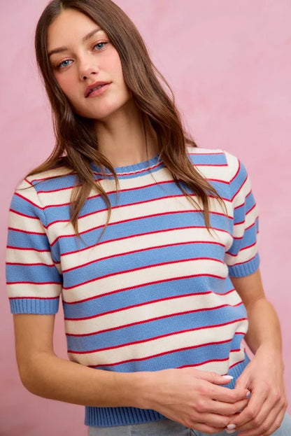 SO ME Stripe Knit Crew Neck Short Sleeves Sweater Top - Bitsy Gypsy Boutique