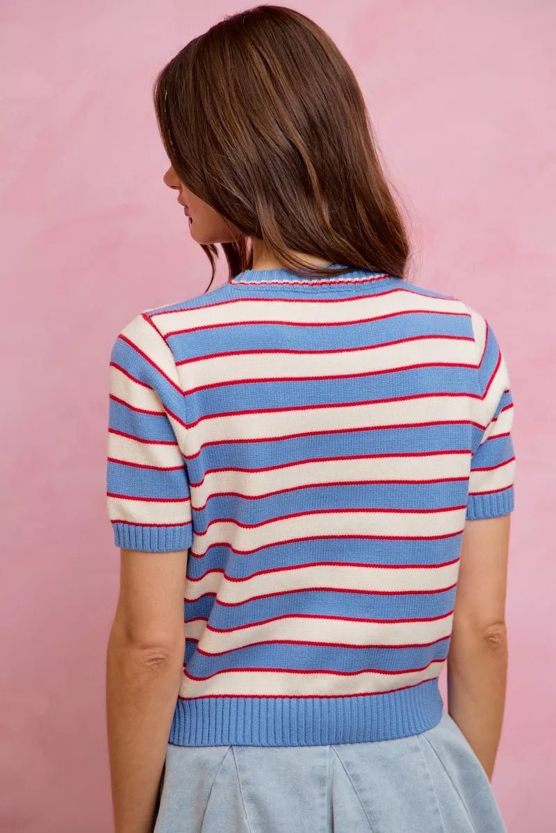 SO ME Stripe Knit Crew Neck Short Sleeves Sweater Top - Bitsy Gypsy Boutique