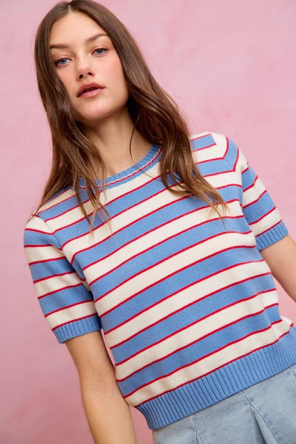SO ME Stripe Knit Crew Neck Short Sleeves Sweater Top - Bitsy Gypsy Boutique
