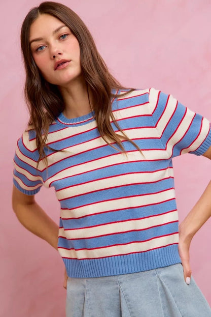 SO ME Stripe Knit Crew Neck Short Sleeves Sweater Top - Bitsy Gypsy Boutique