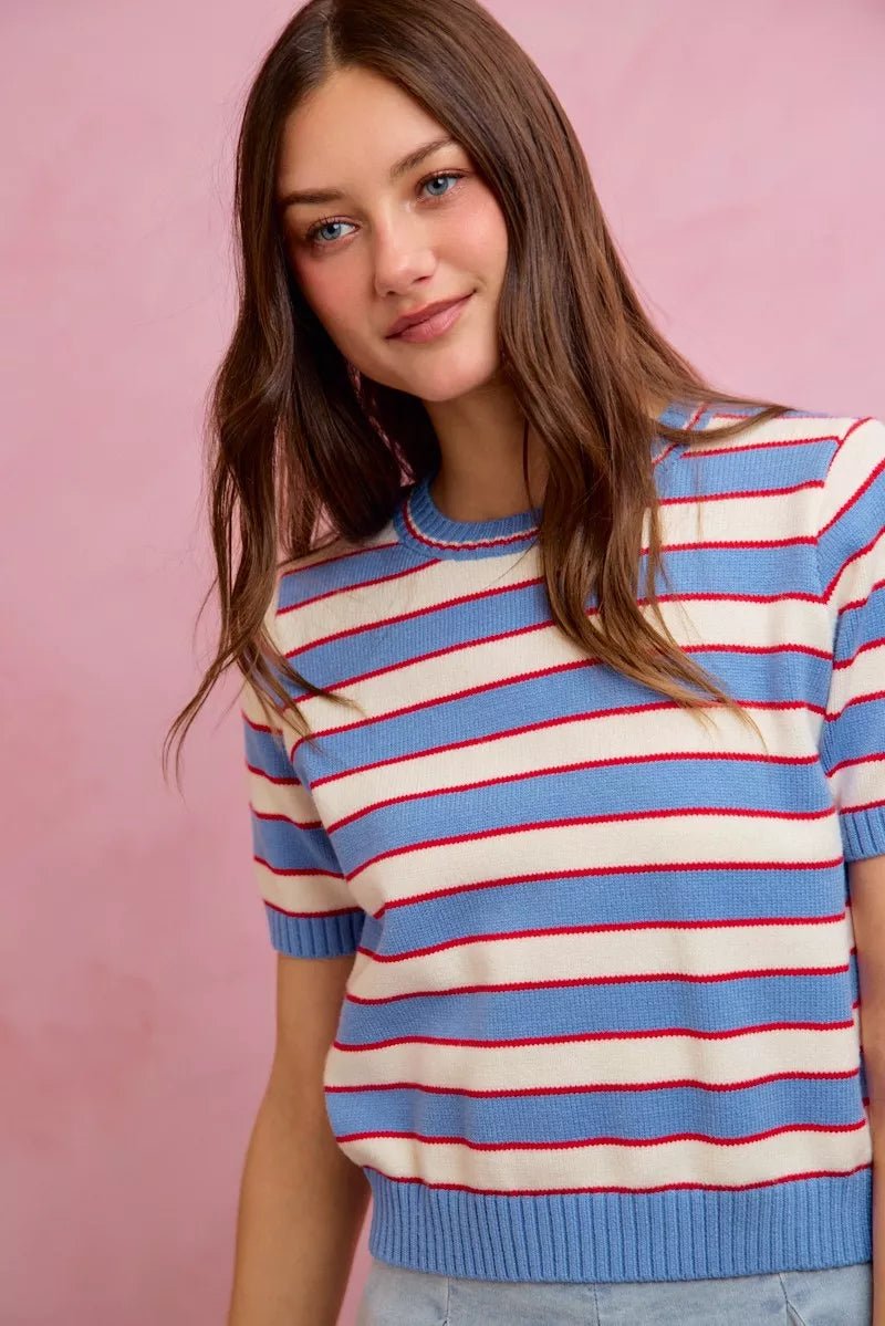 SO ME Stripe Knit Crew Neck Short Sleeves Sweater Top - Bitsy Gypsy Boutique