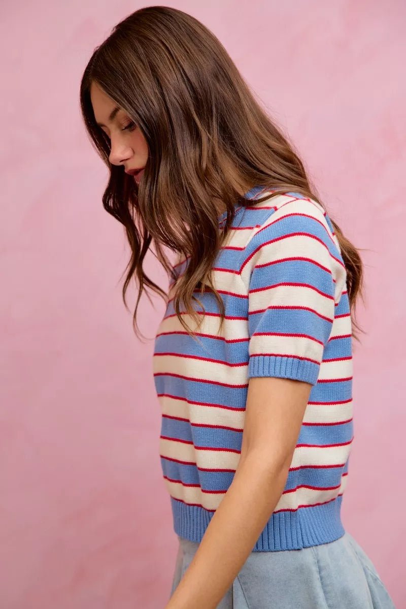 SO ME Stripe Knit Crew Neck Short Sleeves Sweater Top - Bitsy Gypsy Boutique