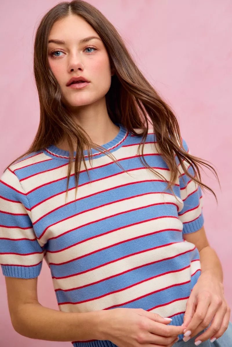 SO ME Stripe Knit Crew Neck Short Sleeves Sweater Top - Bitsy Gypsy Boutique
