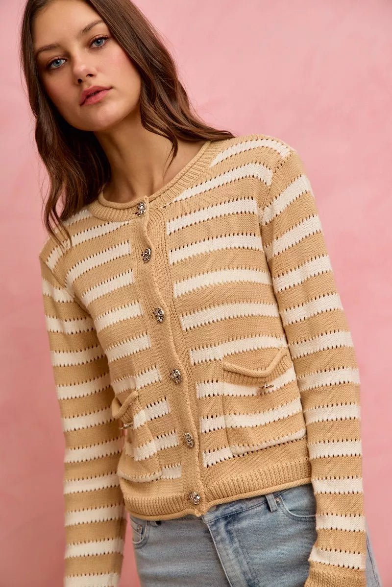 SO ME Stripe Long Sleeves Button Sweater Cardigan - Bitsy Gypsy Boutique