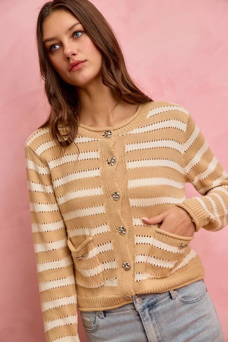 SO ME Stripe Long Sleeves Button Sweater Cardigan - Bitsy Gypsy Boutique