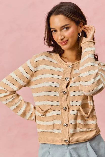 SO ME Stripe Long Sleeves Button Sweater Cardigan - Bitsy Gypsy Boutique