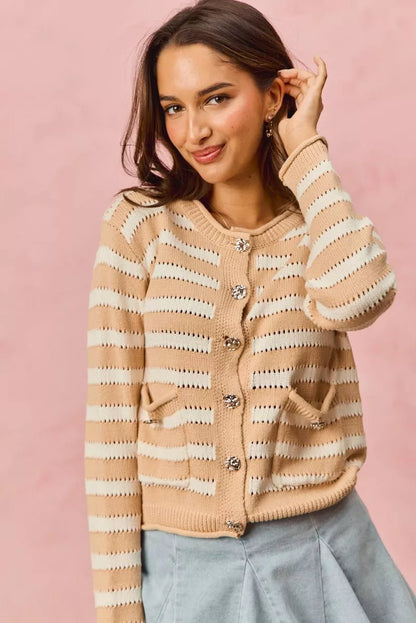 SO ME Stripe Long Sleeves Button Sweater Cardigan - Bitsy Gypsy Boutique