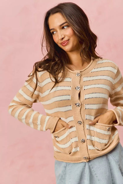 SO ME Stripe Long Sleeves Button Sweater Cardigan - Bitsy Gypsy Boutique