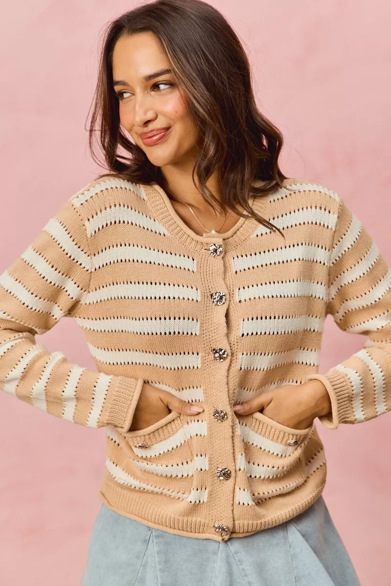 SO ME Stripe Long Sleeves Button Sweater Cardigan - Bitsy Gypsy Boutique