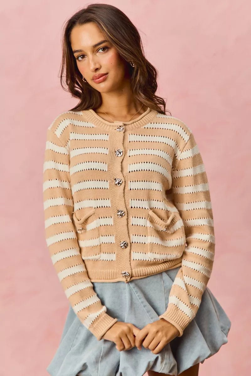 SO ME Stripe Long Sleeves Button Sweater Cardigan - Bitsy Gypsy Boutique