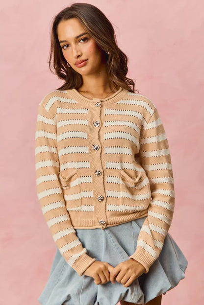 SO ME Stripe Long Sleeves Button Sweater Cardigan - Bitsy Gypsy Boutique