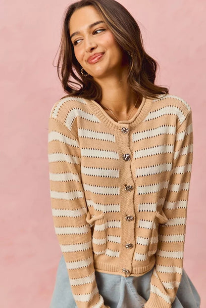 SO ME Stripe Long Sleeves Button Sweater Cardigan - Bitsy Gypsy Boutique