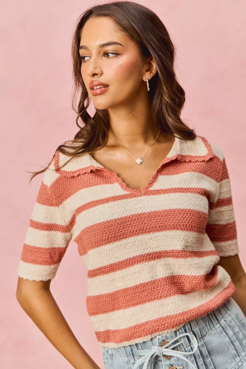 SO ME Stripe Short Sleeve Cropped Sweater - Bitsy Gypsy Boutique