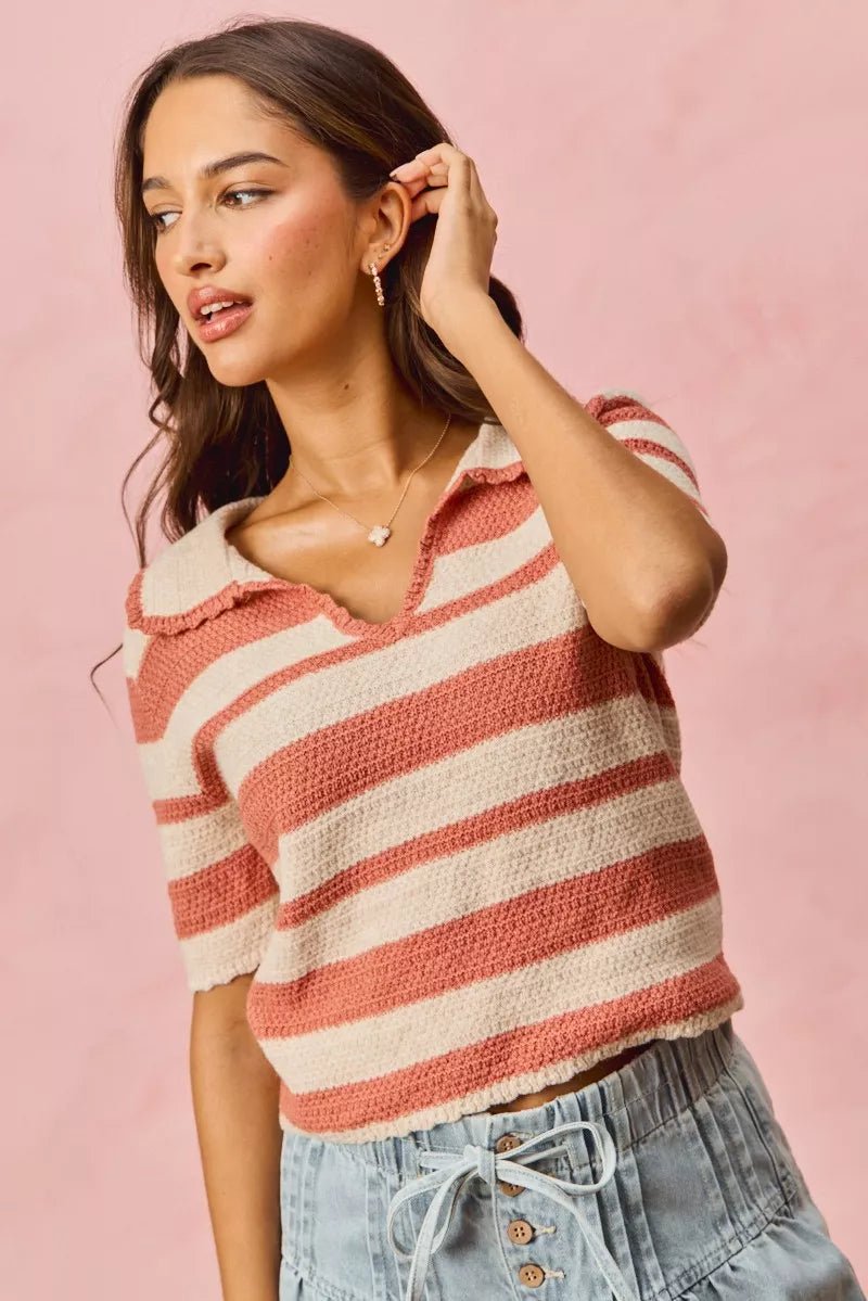 SO ME Stripe Short Sleeve Cropped Sweater - Bitsy Gypsy Boutique