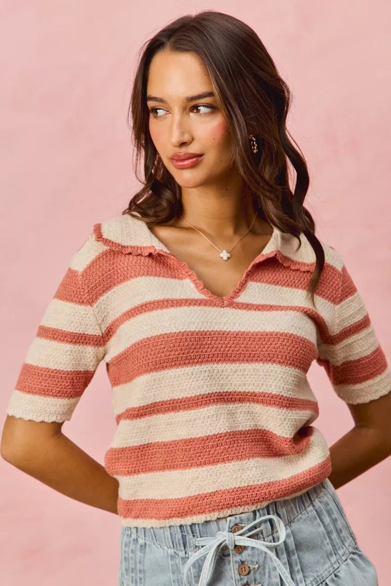 SO ME Stripe Short Sleeve Cropped Sweater - Bitsy Gypsy Boutique