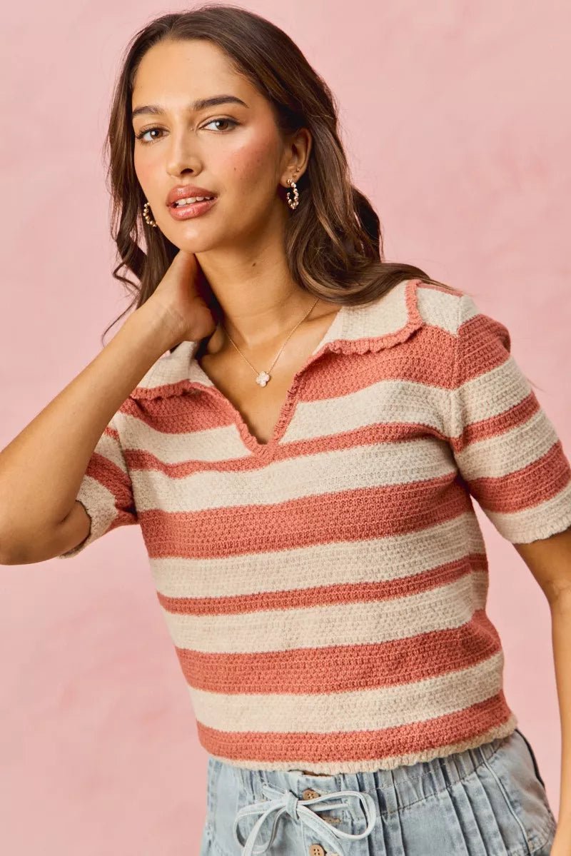 SO ME Stripe Short Sleeve Cropped Sweater - Bitsy Gypsy Boutique