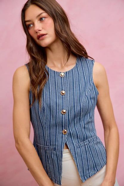 SO ME Stripe Slim Fit Button Front Denim Vest Top - Bitsy Gypsy Boutique