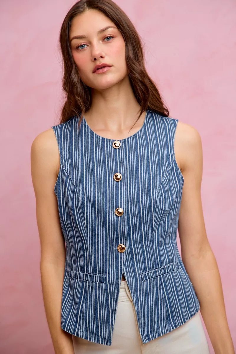 SO ME Stripe Slim Fit Button Front Denim Vest Top - Bitsy Gypsy Boutique