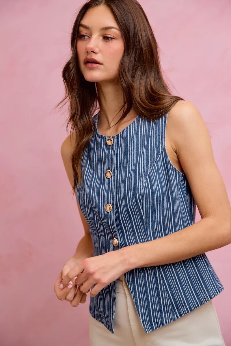 SO ME Stripe Slim Fit Button Front Denim Vest Top - Bitsy Gypsy Boutique