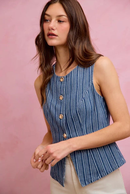SO ME Stripe Slim Fit Button Front Denim Vest Top - Bitsy Gypsy Boutique