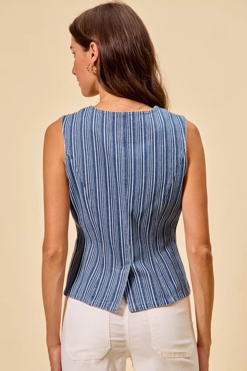 SO ME Stripe Slim Fit Button Front Denim Vest Top - Bitsy Gypsy Boutique